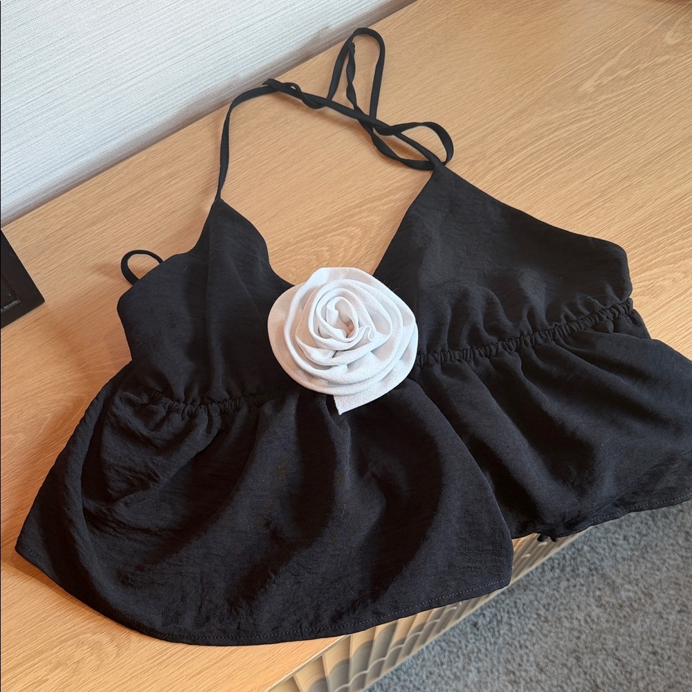 Forever 21 Black Camisole with White Floral Detail